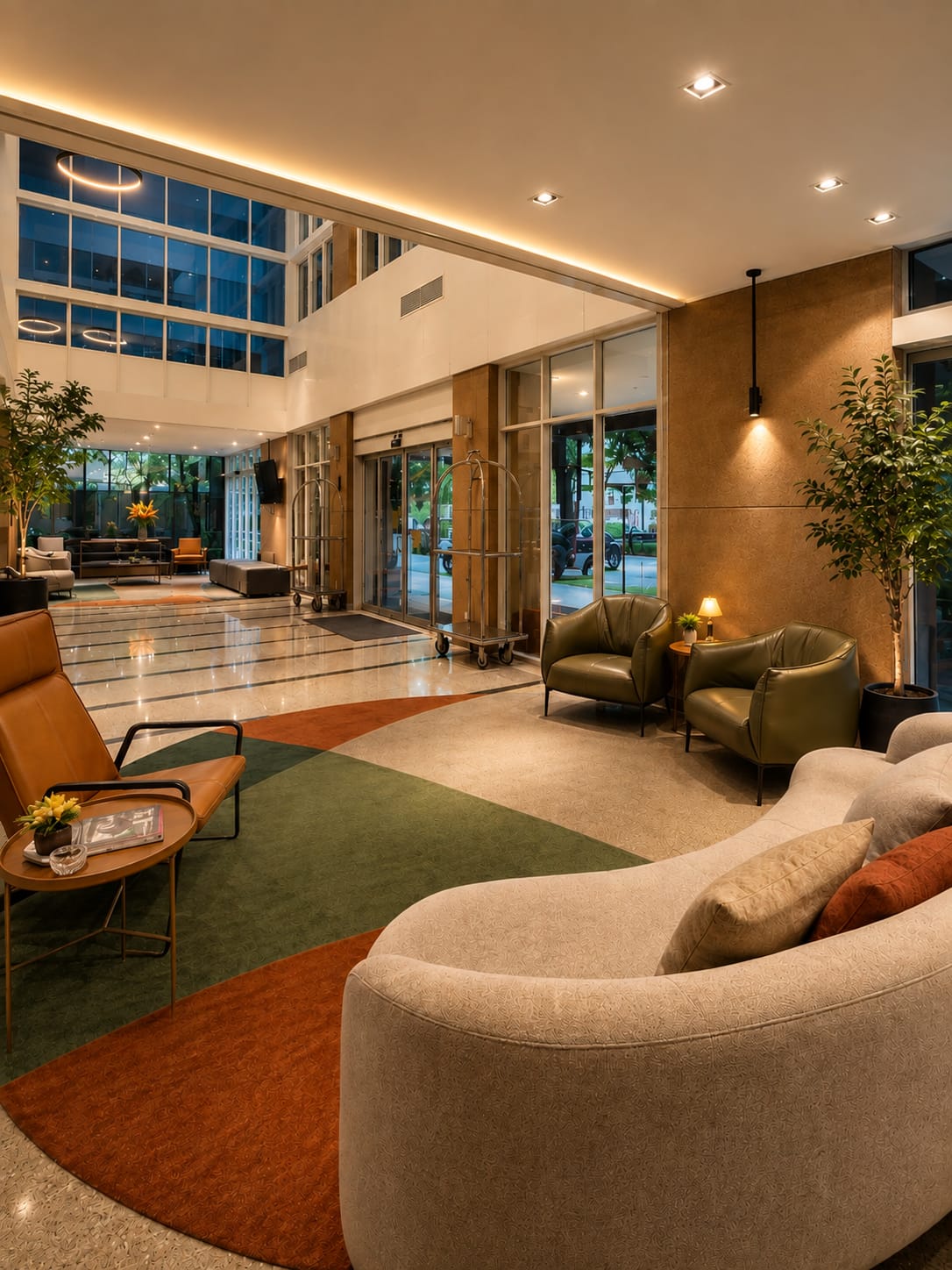 Lobby com pé-direito duplo, poltronas de couro e paisagismo